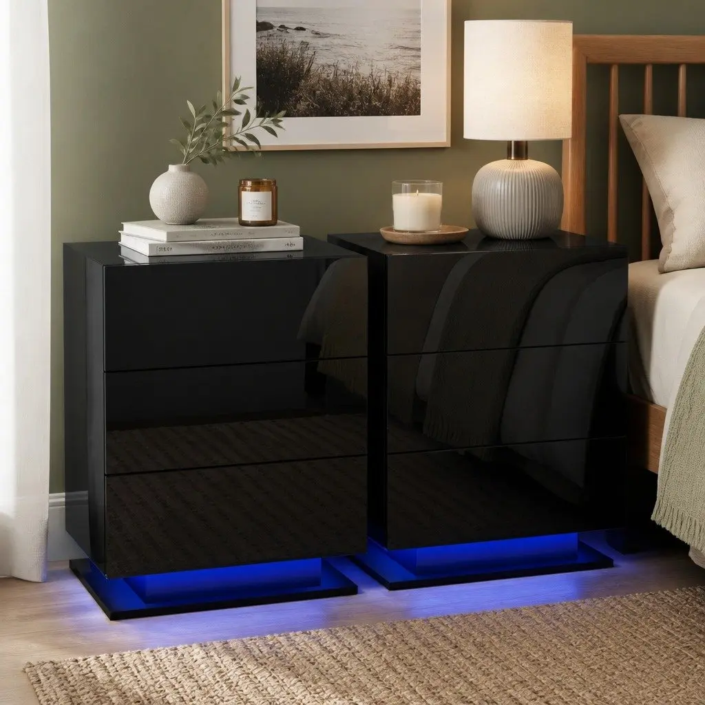 Bedside Table LED Modern Black 3 Drawers Bedroom Nightstand