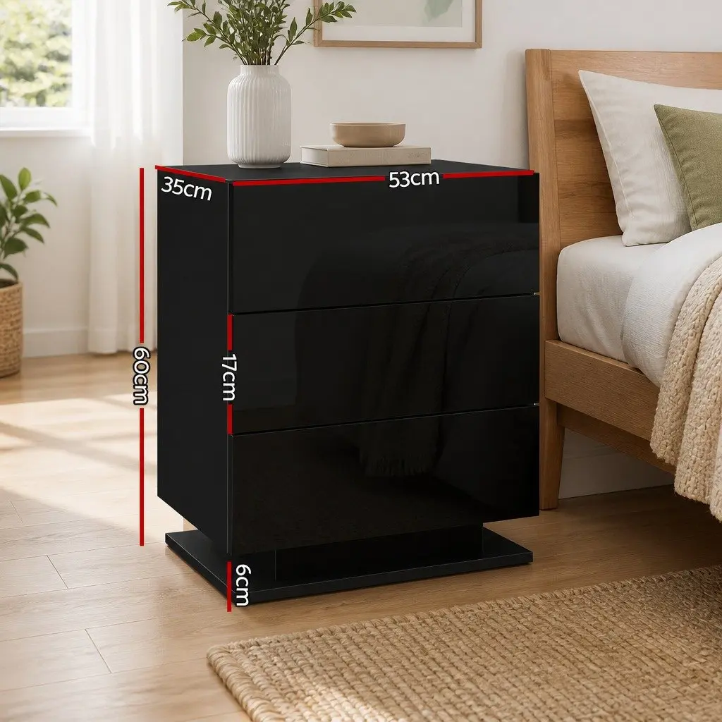 Bedside Table LED Light 3 Drawers Black Modern Nightstand Bedroom Storage