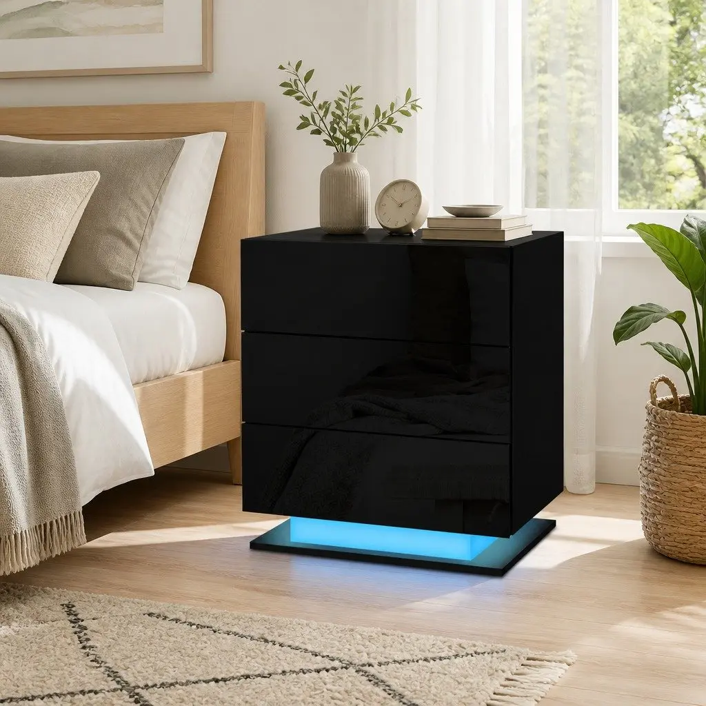 Bedside Table LED Light 3 Drawers Black Modern Nightstand Bedroom Storage