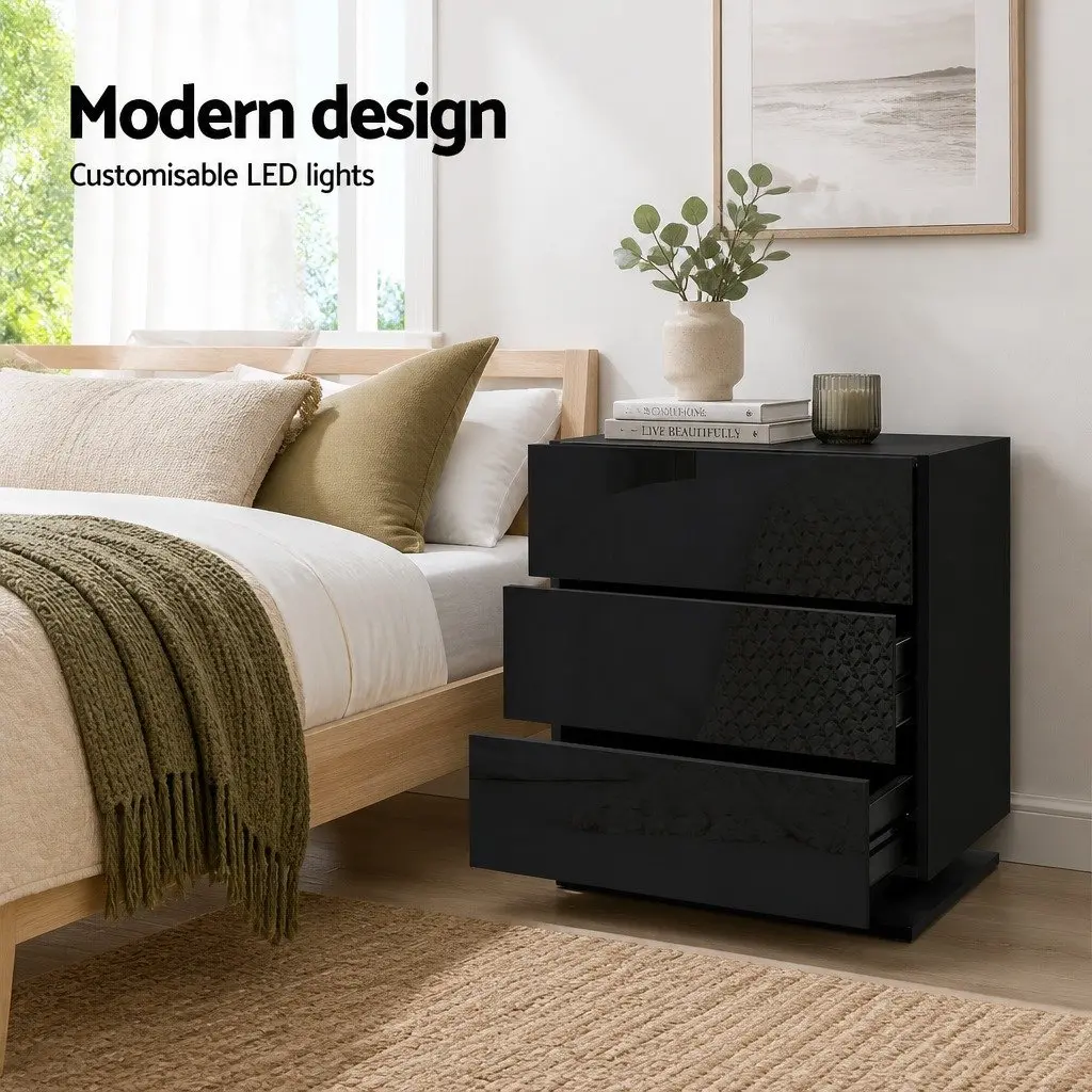 Bedside Table LED Light 3 Drawers Black Modern Nightstand Bedroom Storage
