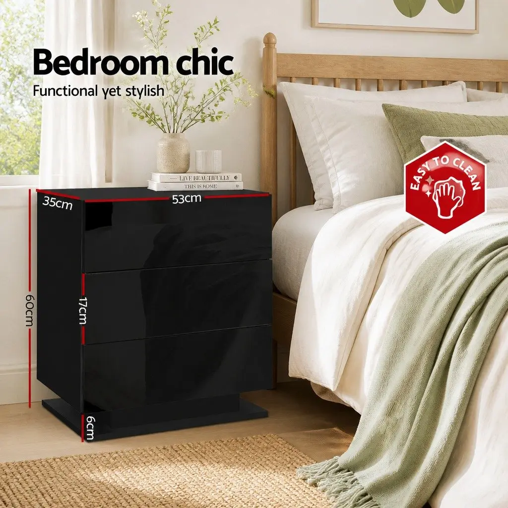 Bedside Table LED Light 3 Drawers Black Modern Nightstand Bedroom Storage