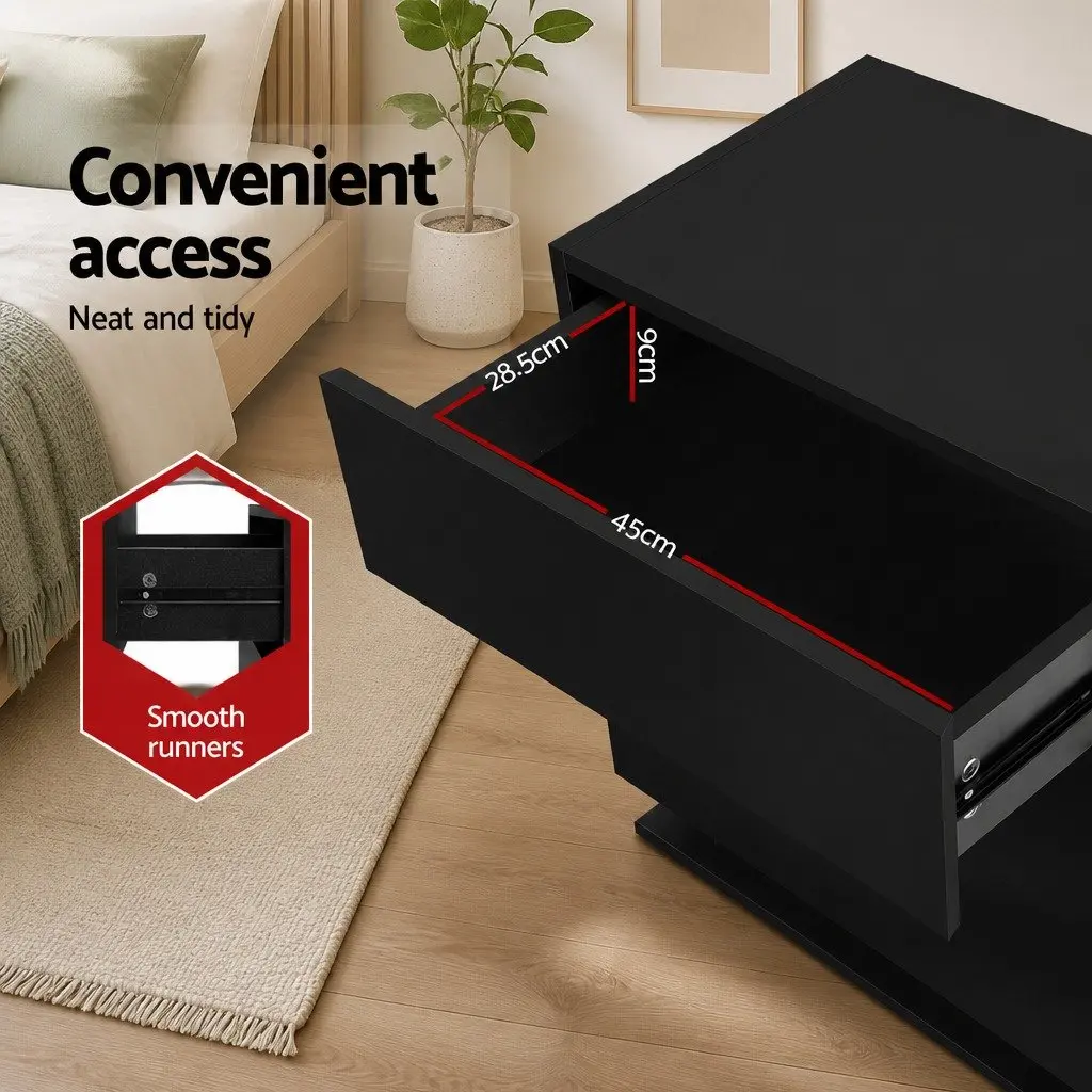 Bedside Table LED Light 3 Drawers Black Modern Nightstand Bedroom Storage