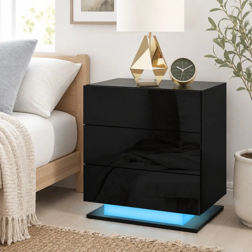 Bedside Table LED Light 3 Drawers Black Modern Nightstand Bedroom Storage