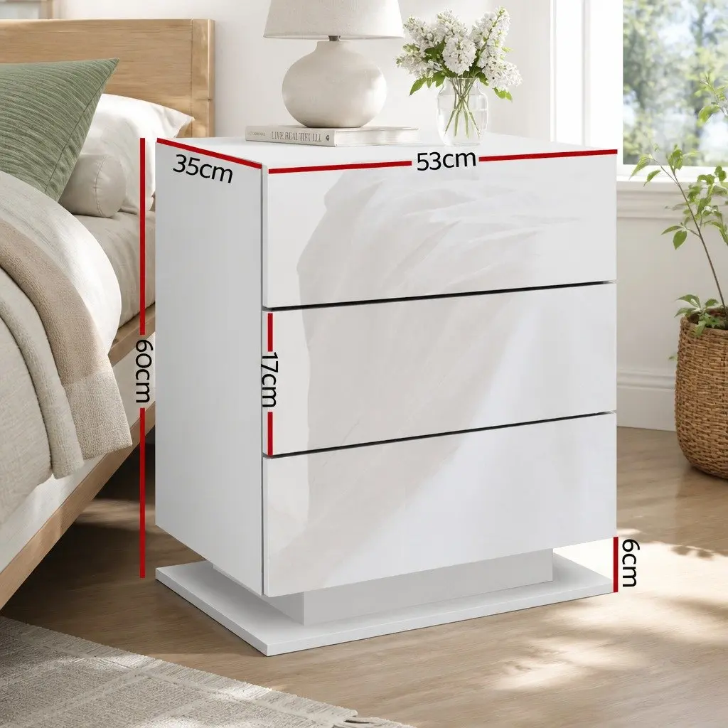 Bedside Table LED Lighting 3 Drawers White Modern Nightstand