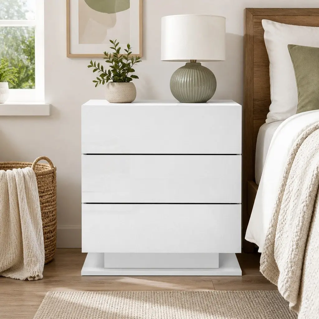 Bedside Table LED Lighting 3 Drawers White Modern Nightstand