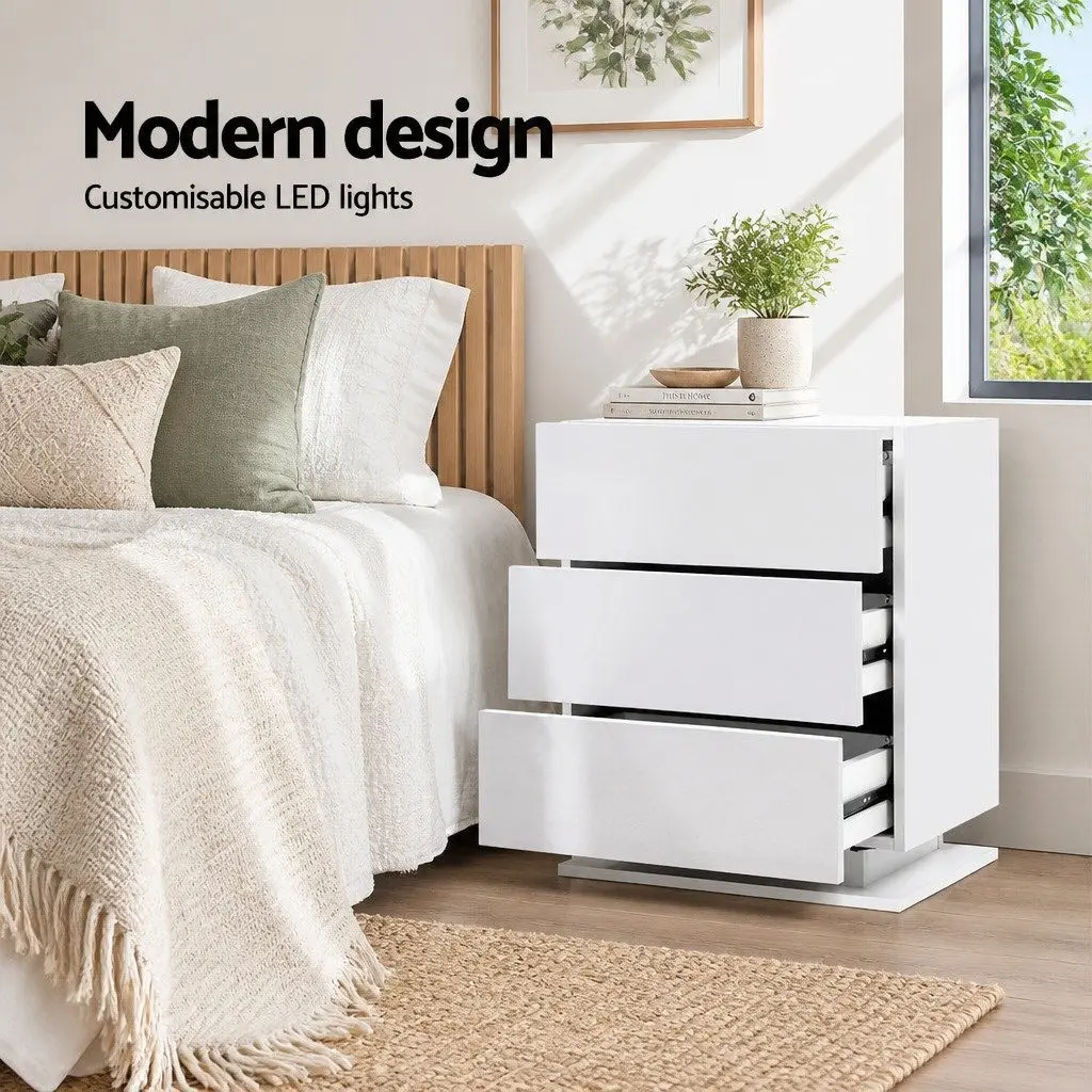 Bedside Table LED Lighting 3 Drawers White Modern Nightstand