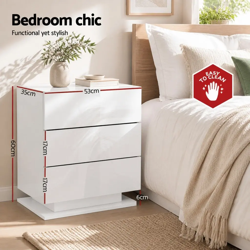 Bedside Table LED Lighting 3 Drawers White Modern Nightstand