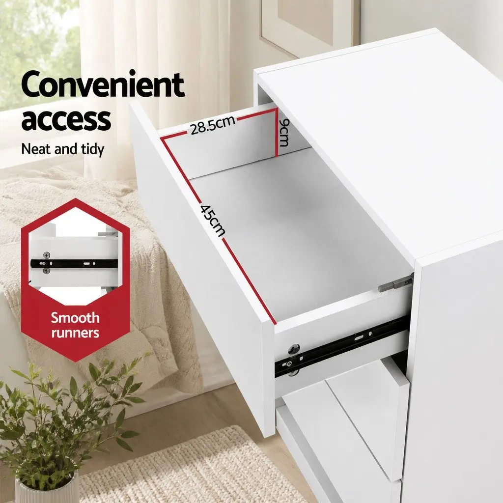 Bedside Table LED Lighting 3 Drawers White Modern Nightstand