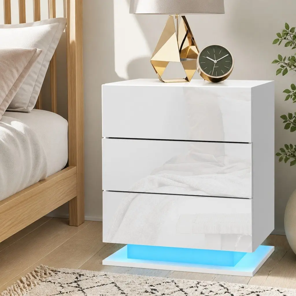 Bedside Table LED Lighting 3 Drawers White Modern Nightstand