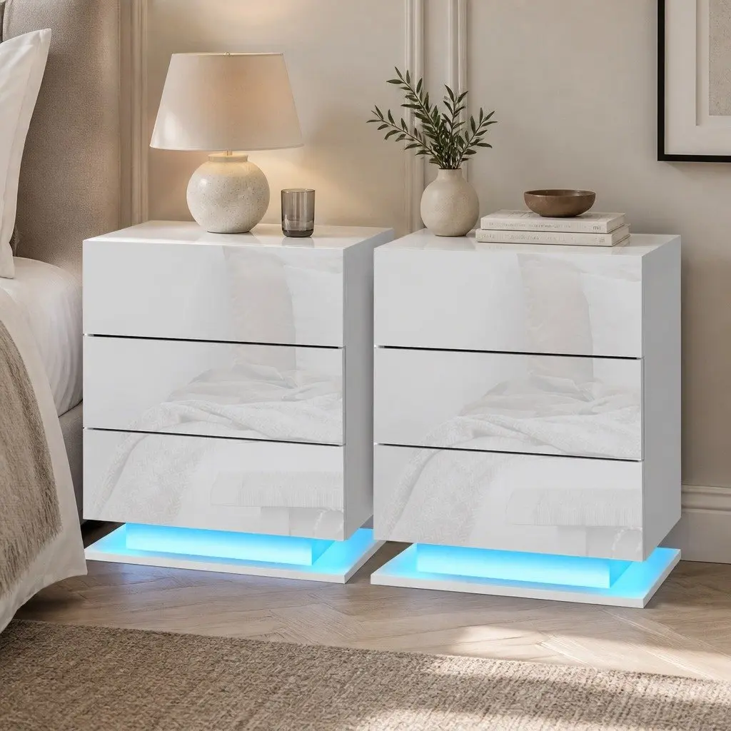 Bedside Table LED Lighting 3 Drawers White Modern