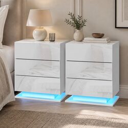 Quality LED Bedside Table with 3 Drawers in White