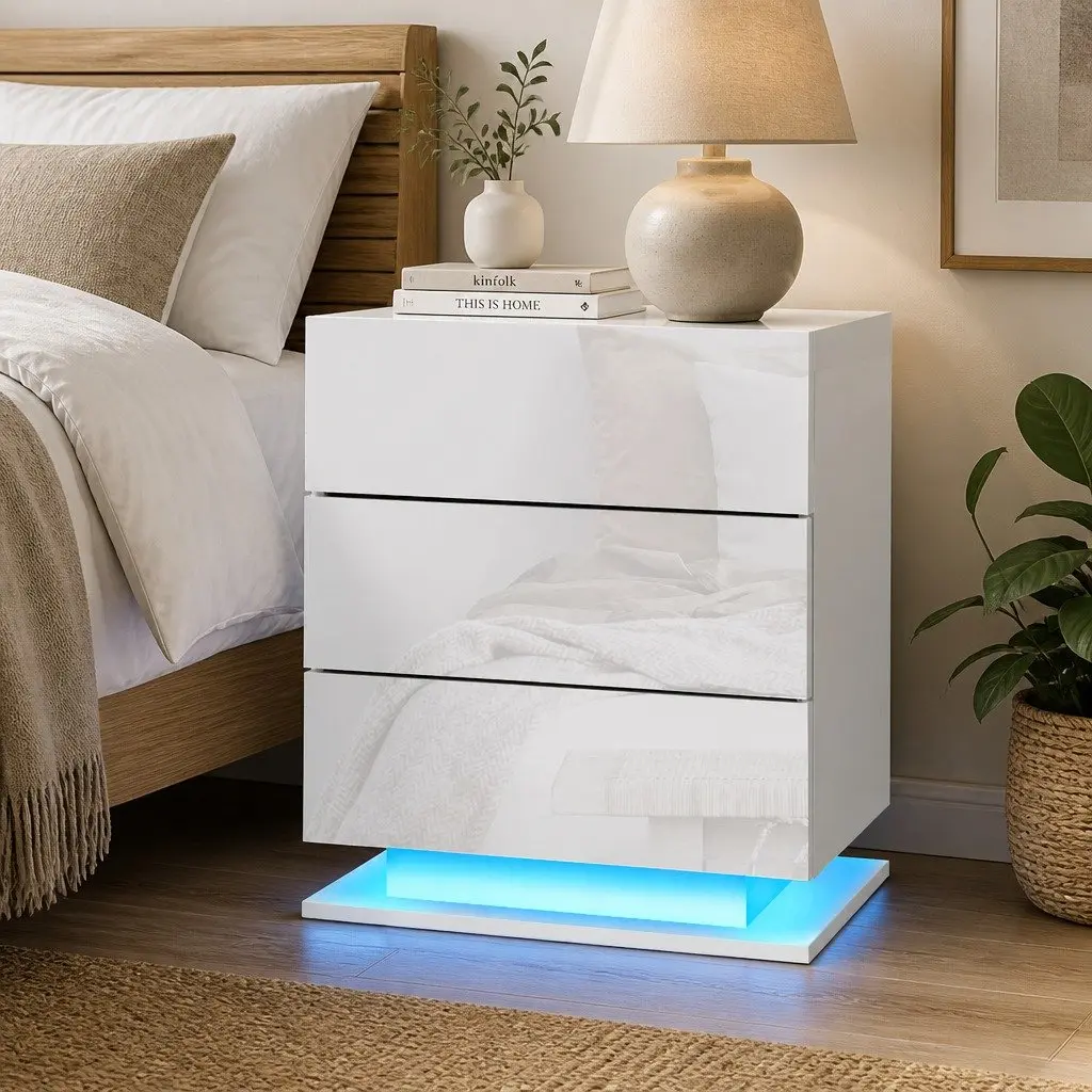 Bedside Table LED Lighting 3 Drawers White Modern