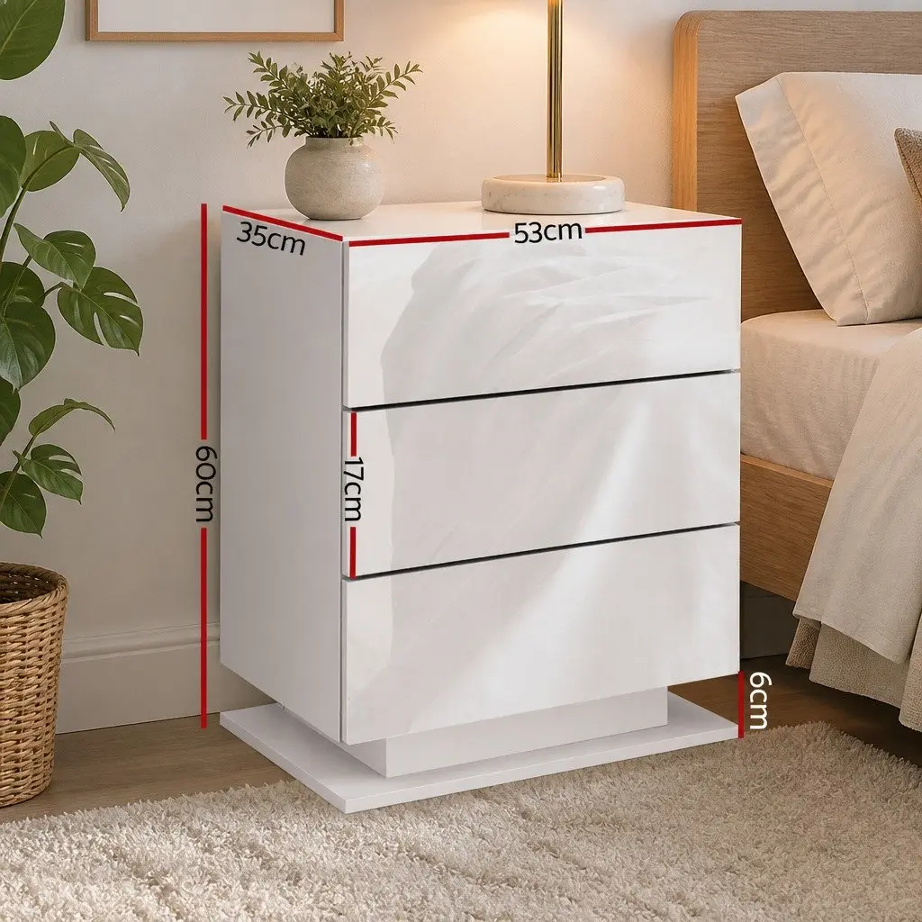 Bedside Table LED Lighting 3 Drawers White Modern