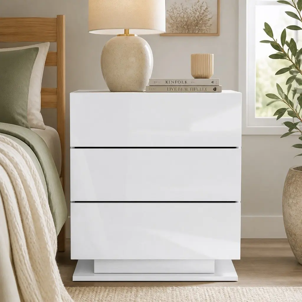 Bedside Table LED Lighting 3 Drawers White Modern