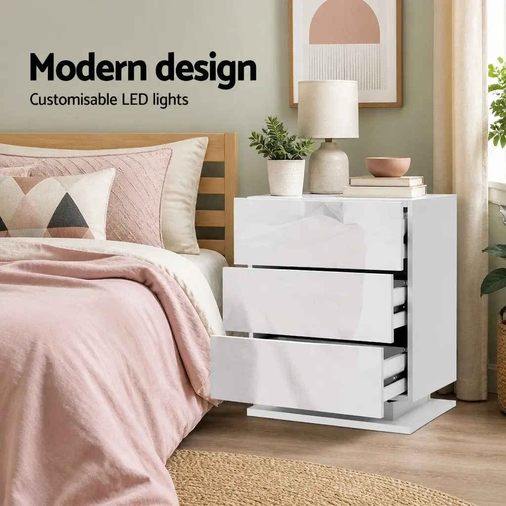 Bedside Table LED Lighting 3 Drawers White Modern