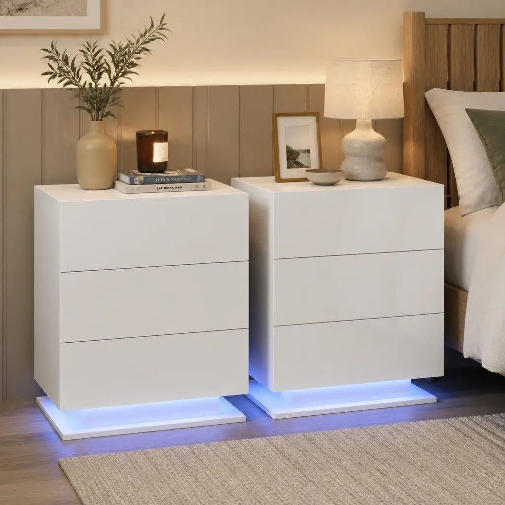 Bedside Table LED Lighting 3 Drawers White Modern