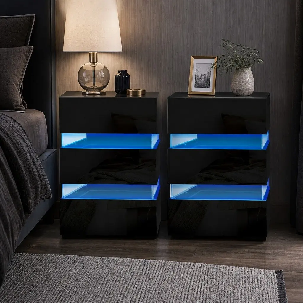 Bedside Table with LED Light 3 Drawers Black Modern Bedroom Furniture Storage