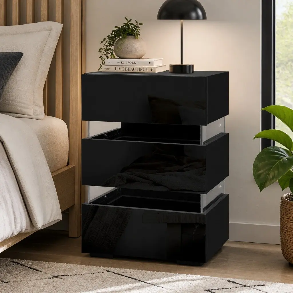 Bedside Table LED Light 3 Drawers Black Modern Furniture Storage