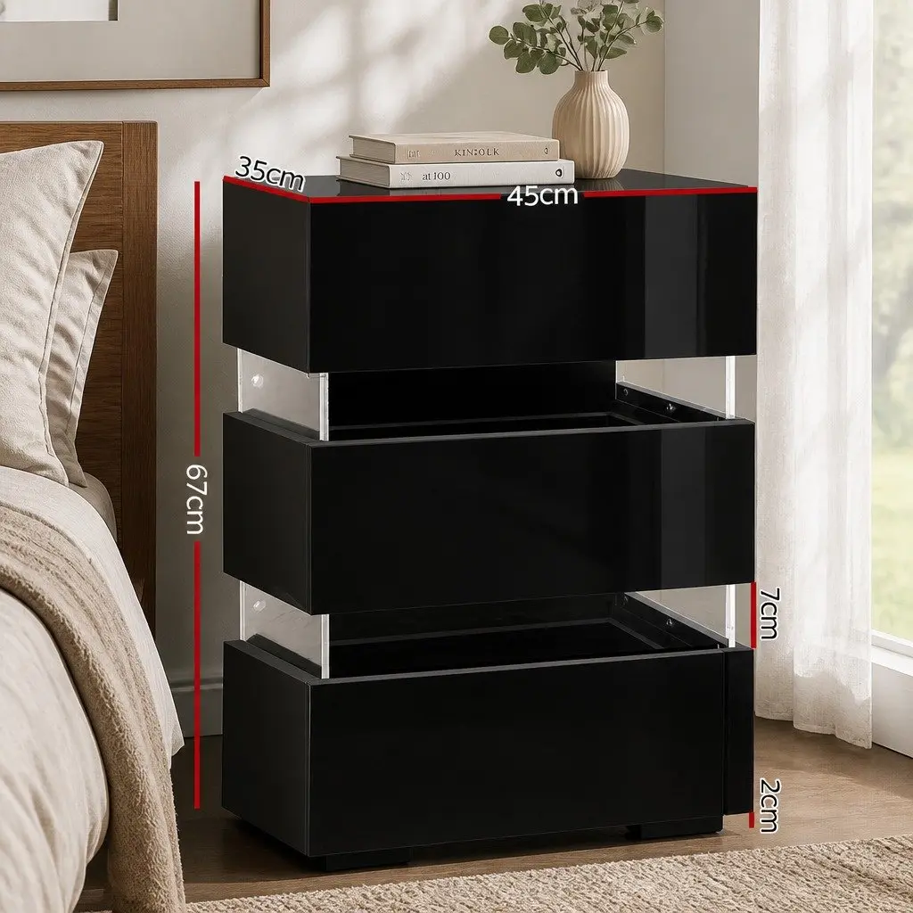 Bedside Table LED Light 3 Drawers Black Modern Furniture Storage