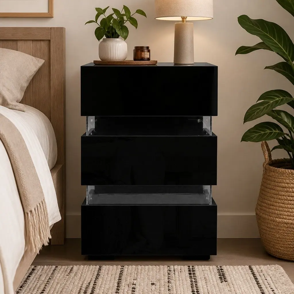 Bedside Table LED Light 3 Drawers Black Modern Furniture Storage
