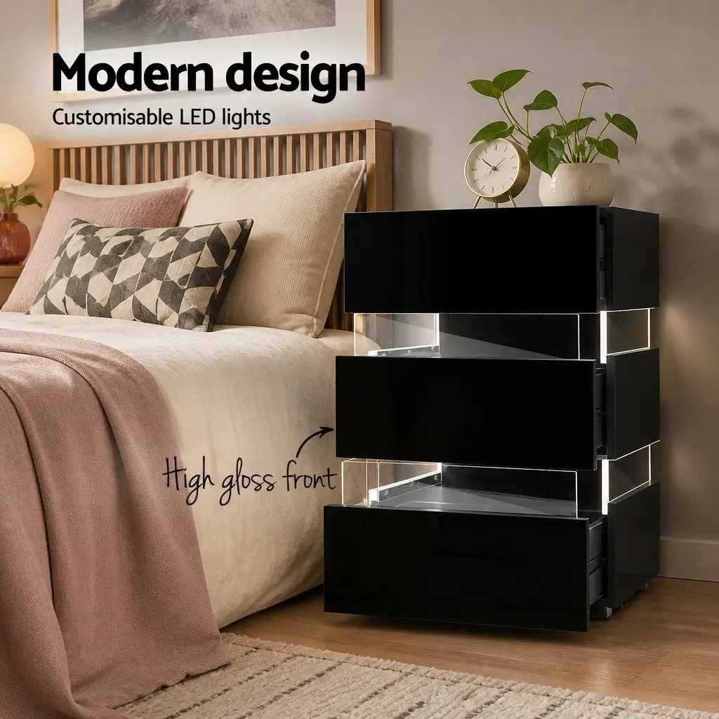 Bedside Table LED Light 3 Drawers Black Modern Furniture Storage