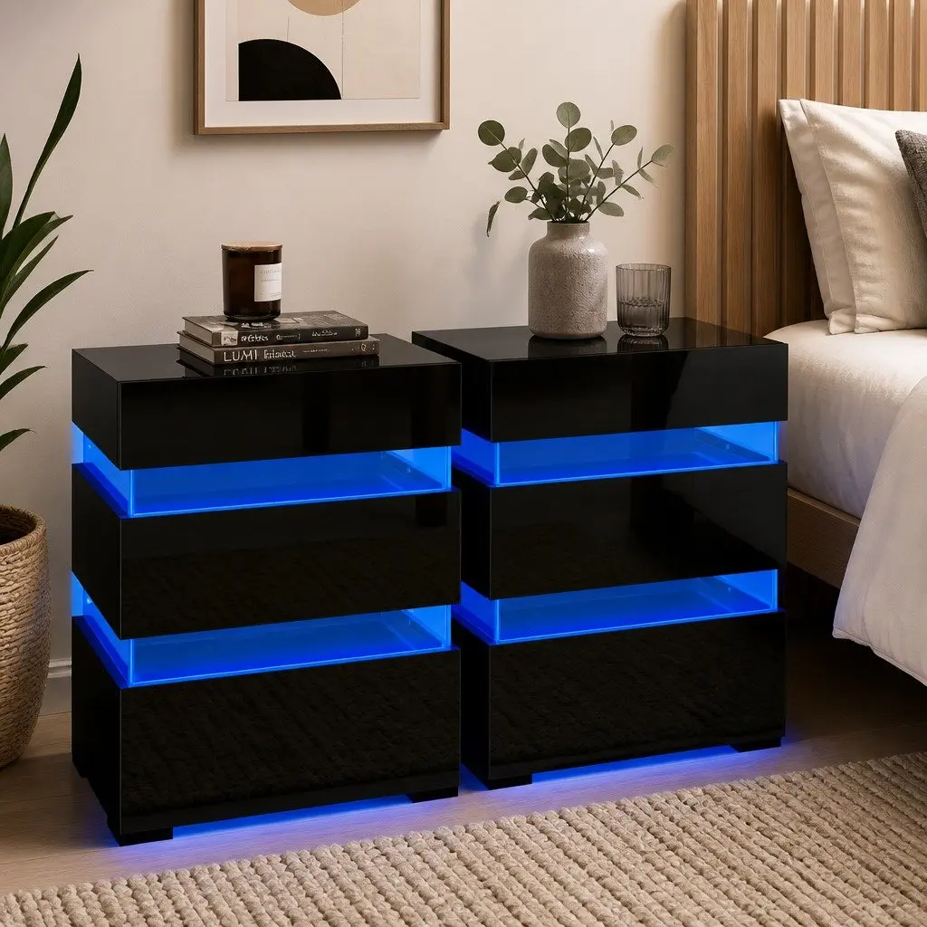 Bedside Table LED Light 3 Drawers Black Modern Furniture Storage