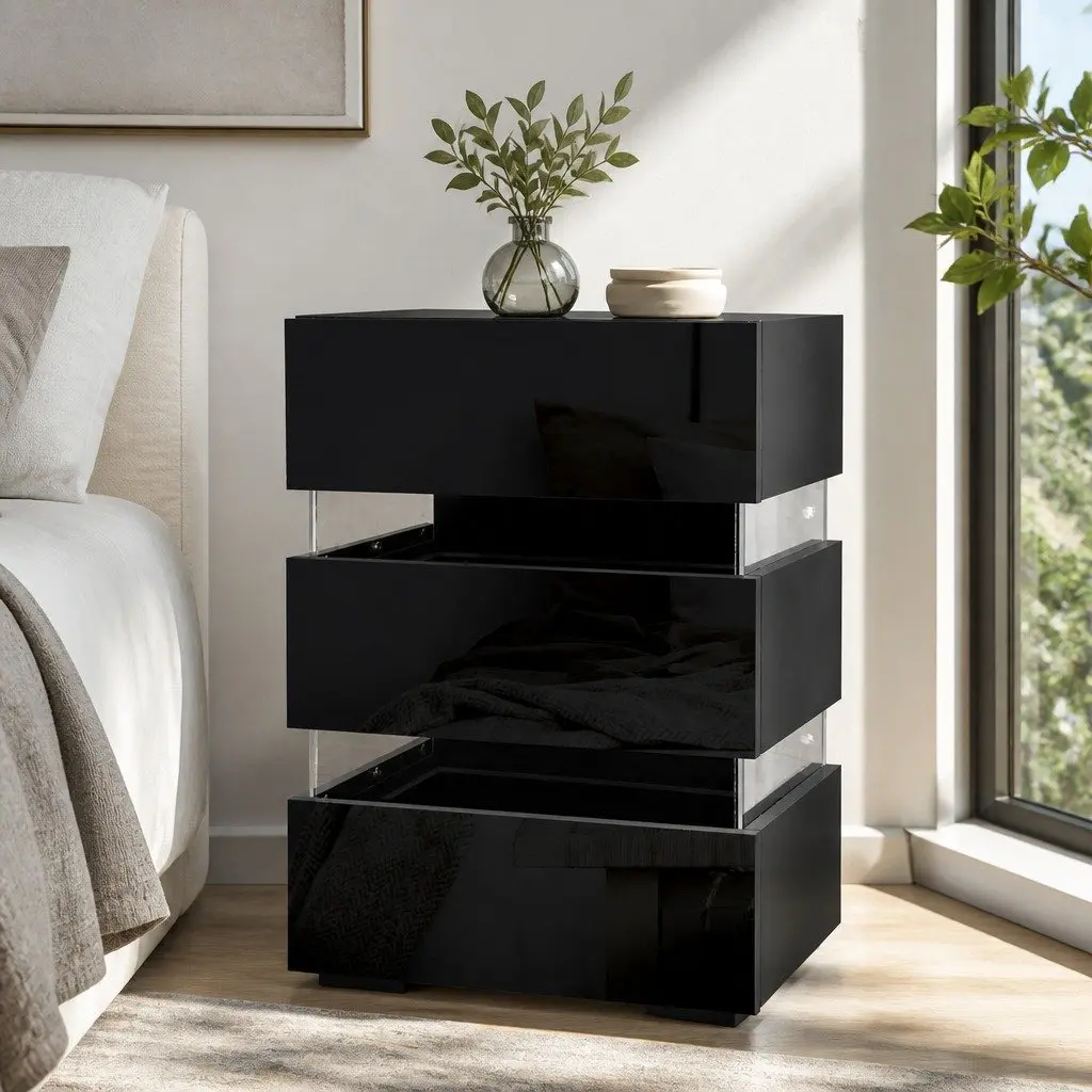 Black Bedside Table with LED and 3 Smooth-Running Drawers