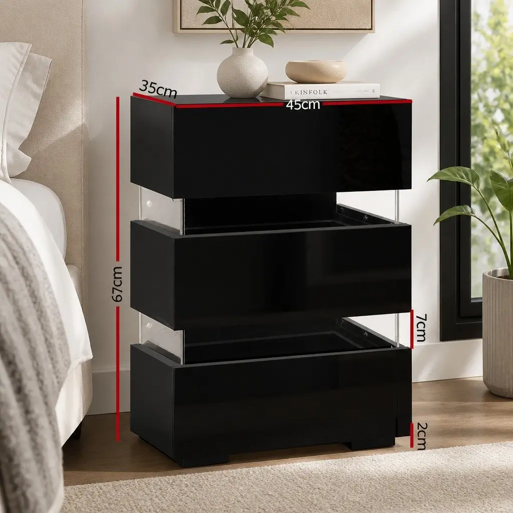 Black Bedside Table with LED and 3 Smooth-Running Drawers