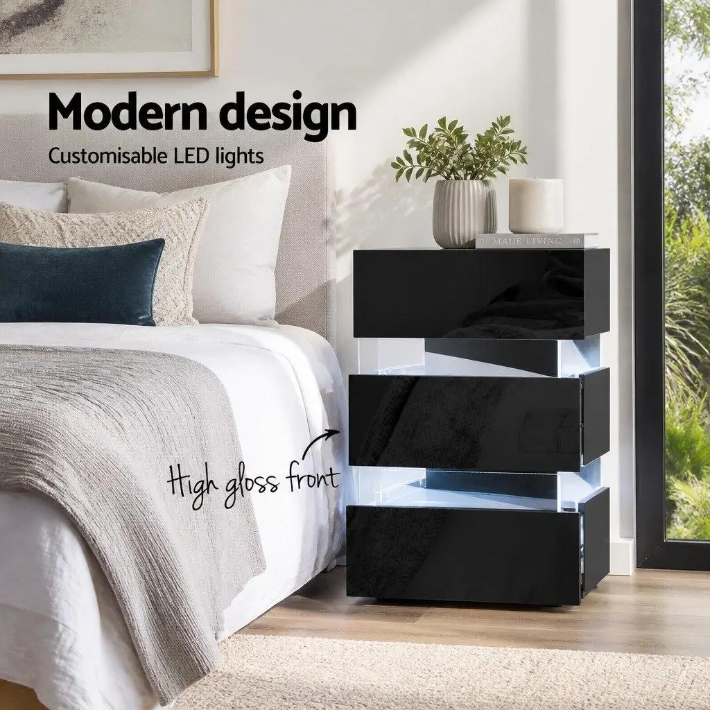 Black Bedside Table with LED and 3 Smooth-Running Drawers