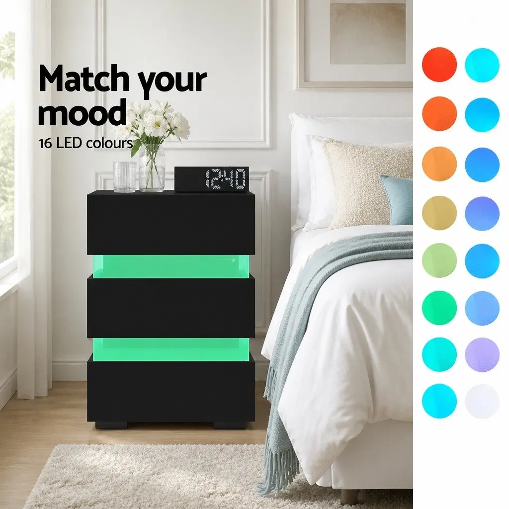 Black Bedside Table with LED and 3 Smooth-Running Drawers
