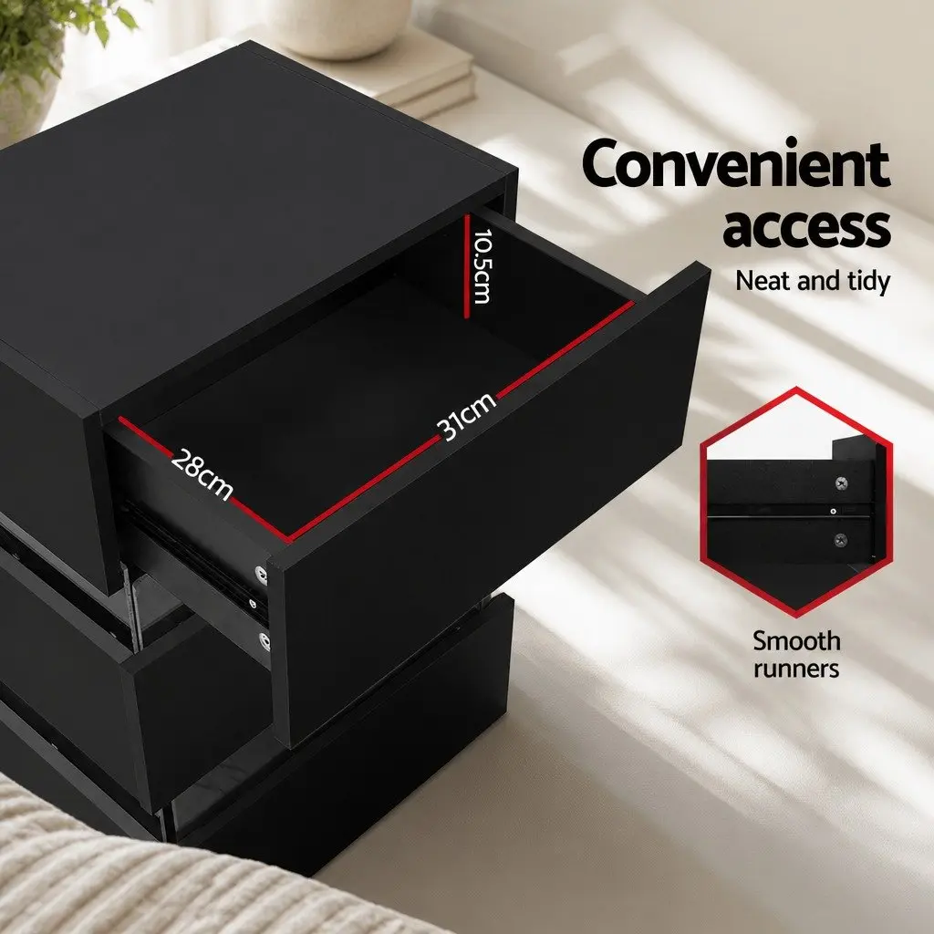 Black Bedside Table with LED and 3 Smooth-Running Drawers