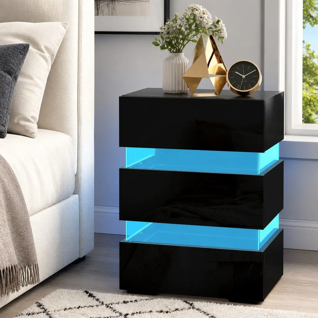 Black Bedside Table with LED and 3 Smooth-Running Drawers