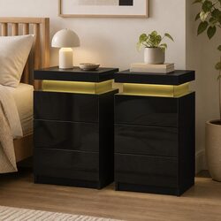 Bedside Table with LED Lighting 3 Drawers Storage Black Modern Design