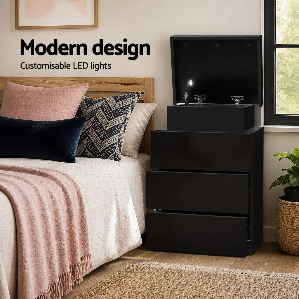 Bedside Table with LED Lighting 3 Drawers Storage Black Modern Design