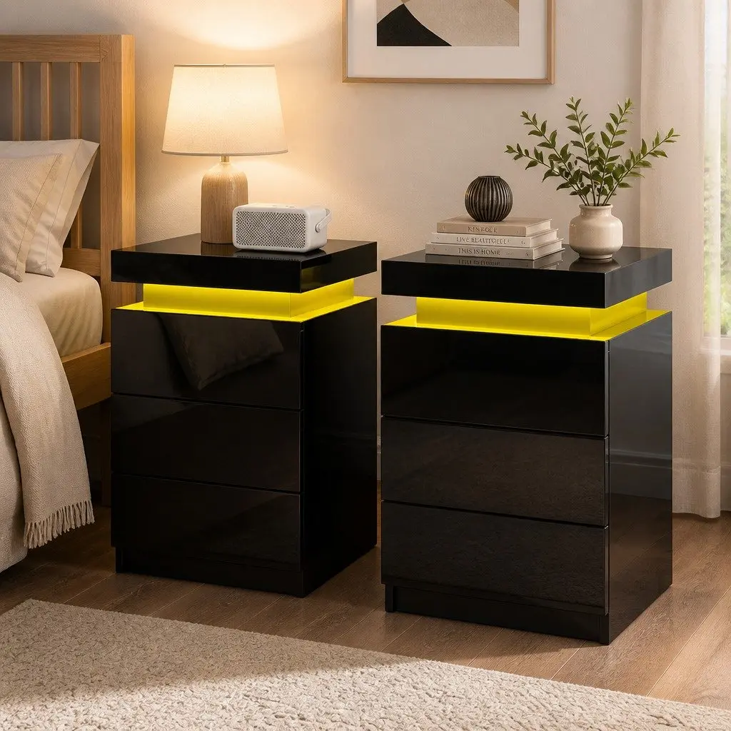 Bedside Table with LED Lighting 3 Drawers Storage Black Modern Design