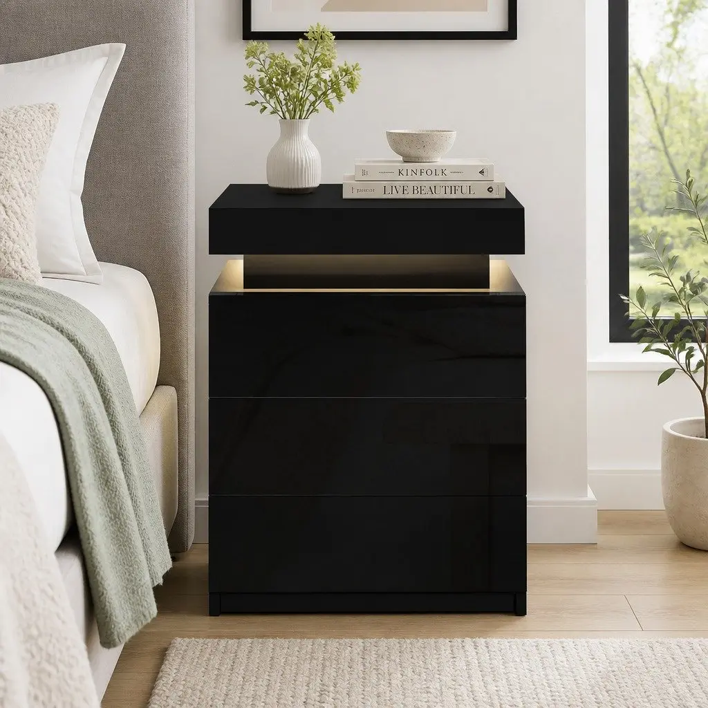 Black Bedside Table with Ample Storage