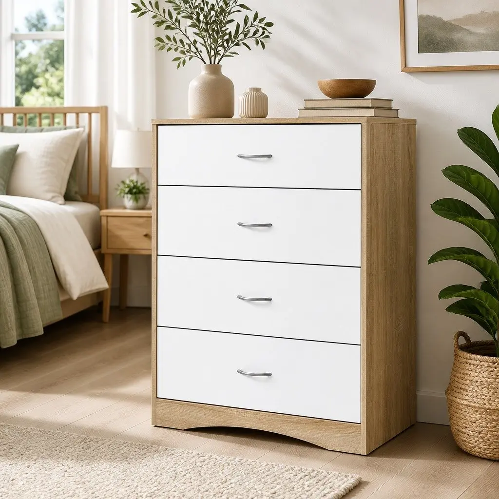4 Drawer Chest of Drawers Bedroom Storage Cabinet Tallboy Dresser White Beige