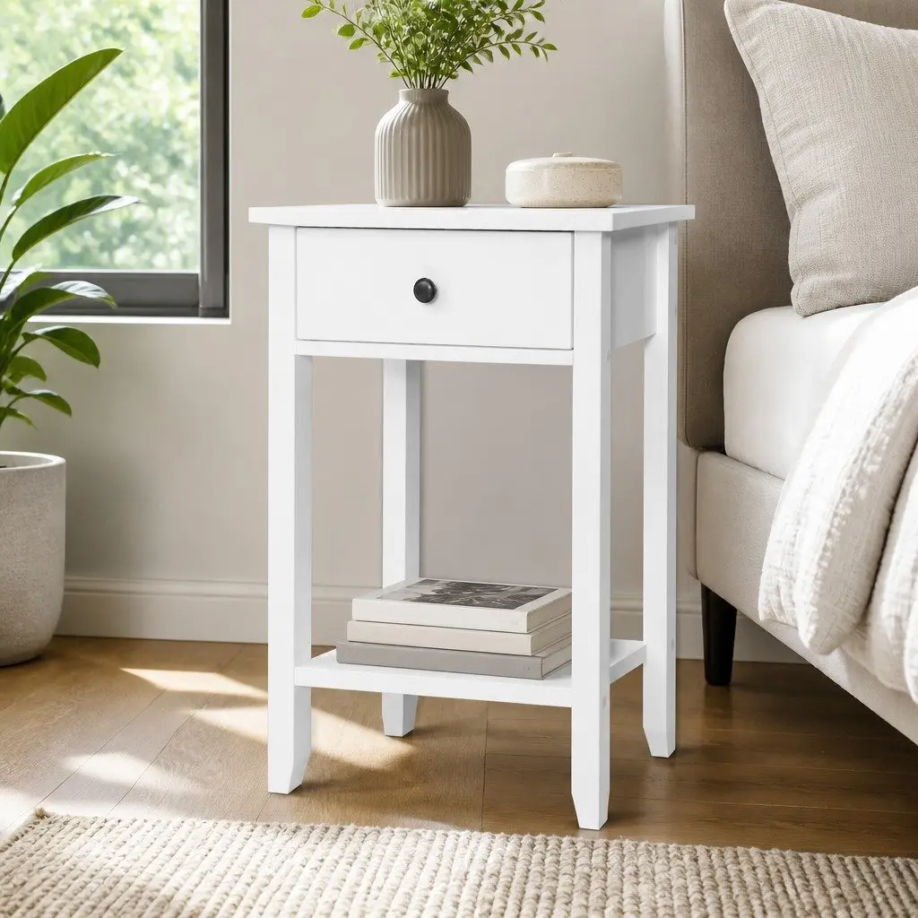 Bedside Table Storage Nightstand 1 Drawer with Shelf Compact White
