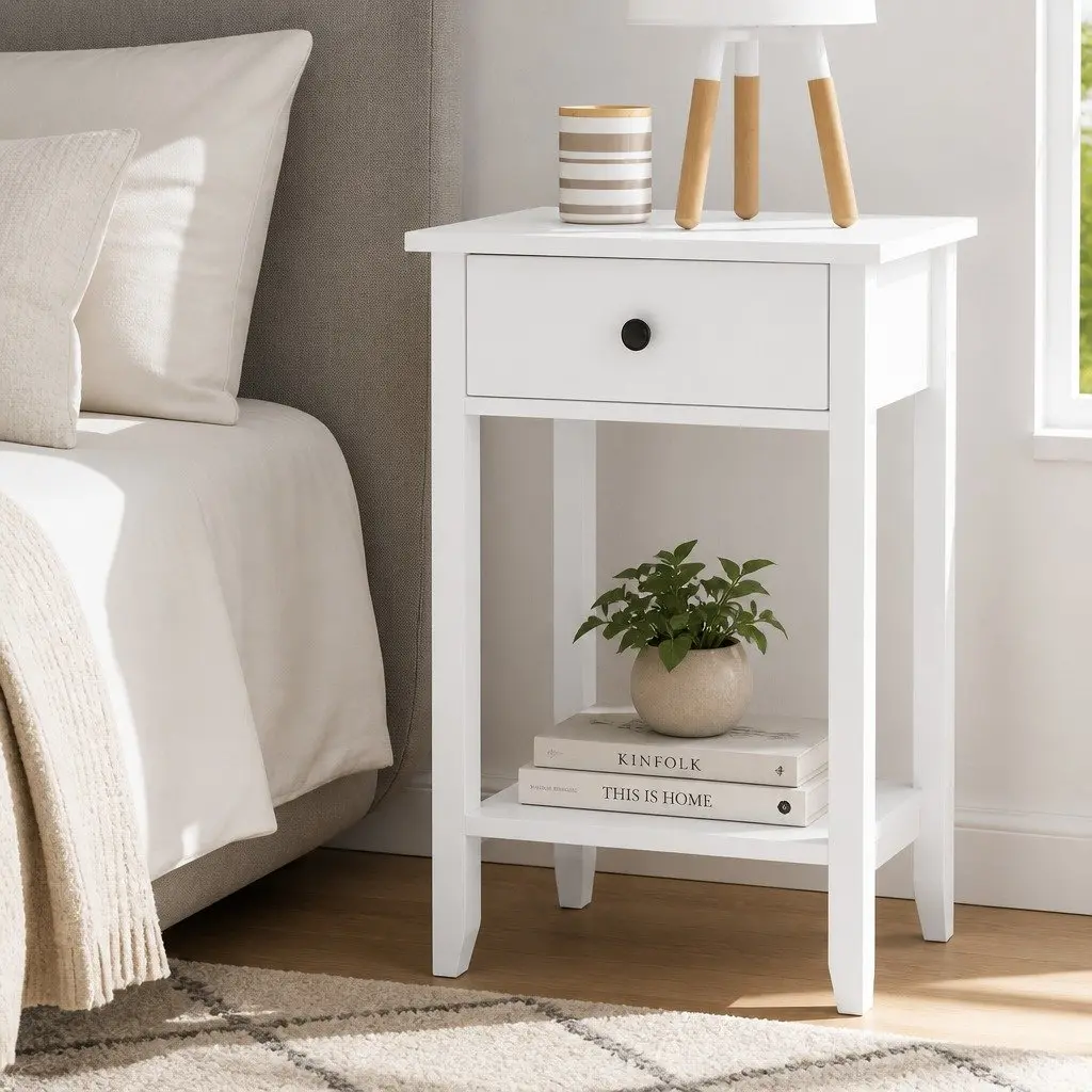 Bedside Table Storage Nightstand 1 Drawer with Shelf Compact White