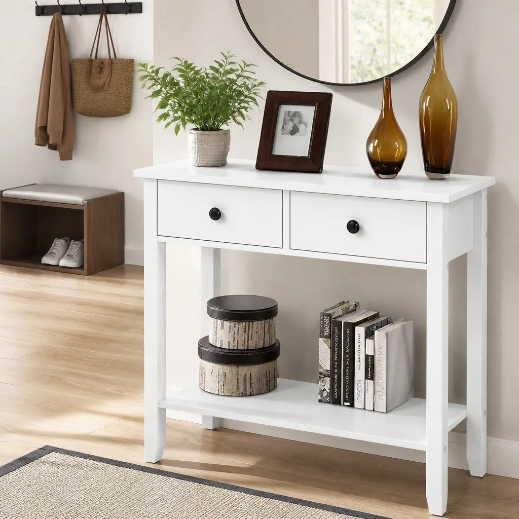 White Console Table with Storage Solutions