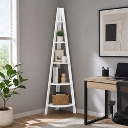 Corner Ladder Shelf 5 Tier White Bookcase Storage Display Stand Living Room