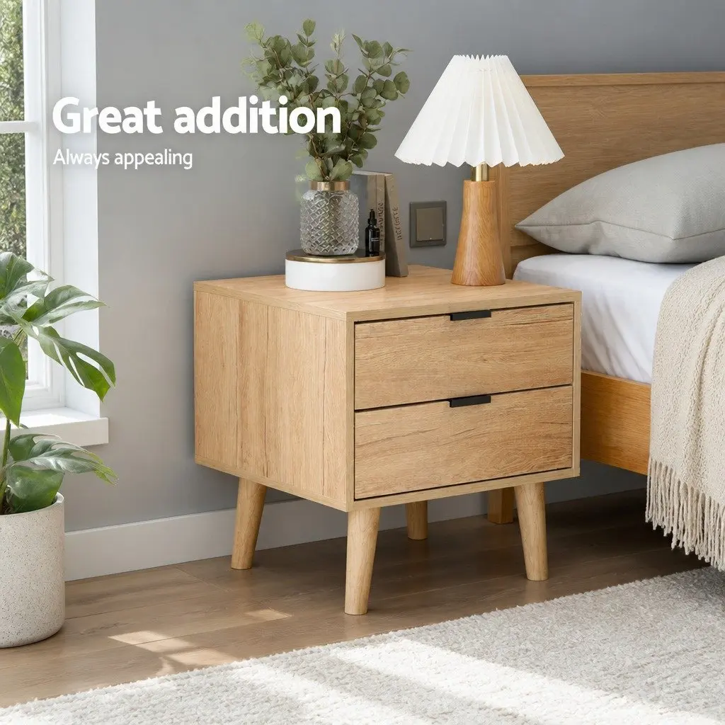 Bedside Table 2 Drawers Pine Wood Legs Storage Bedroom Nightstand Furniture