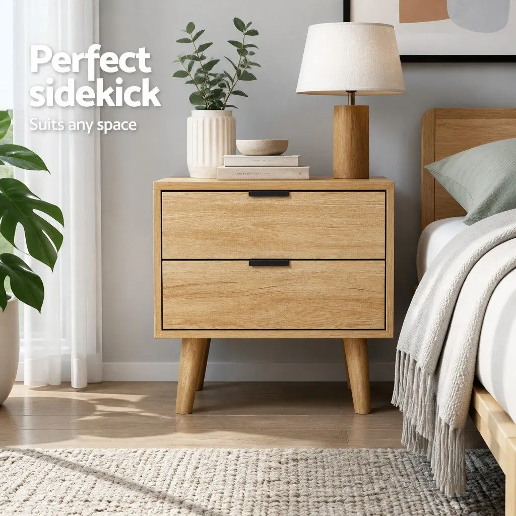Bedside Table 2 Drawers Pine Wood Legs Storage Bedroom Nightstand Furniture