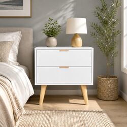 Bedside Table 2 Drawers White Bedroom Storage Nightstand with Aluminium Handles