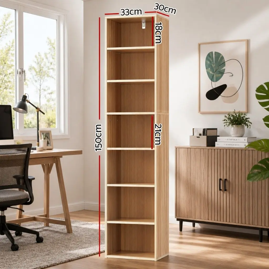 7-Tier Bookshelf Storage Shelving Unit Display Cabinet Pine Adjustable Shelves