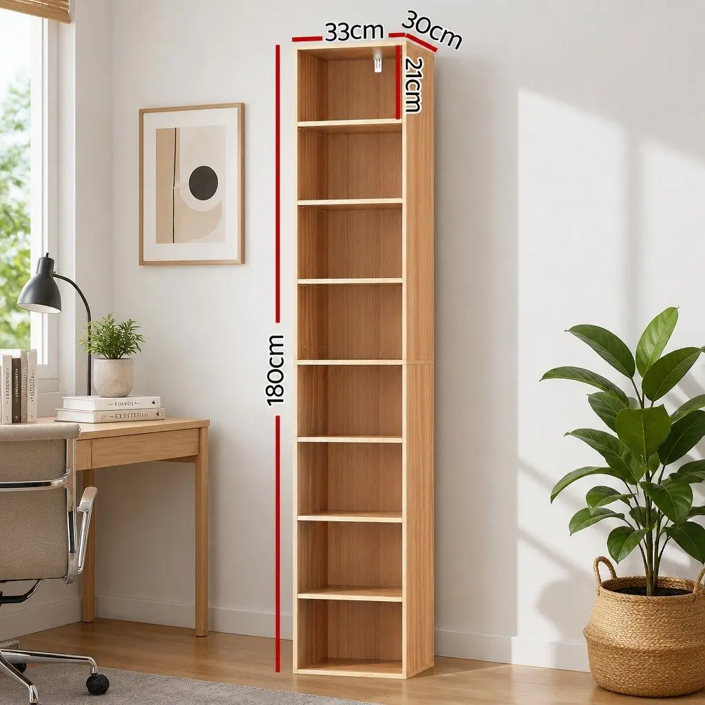 8-Tier Bookshelf Storage Shelving Unit Display Cabinet Living Room Pine