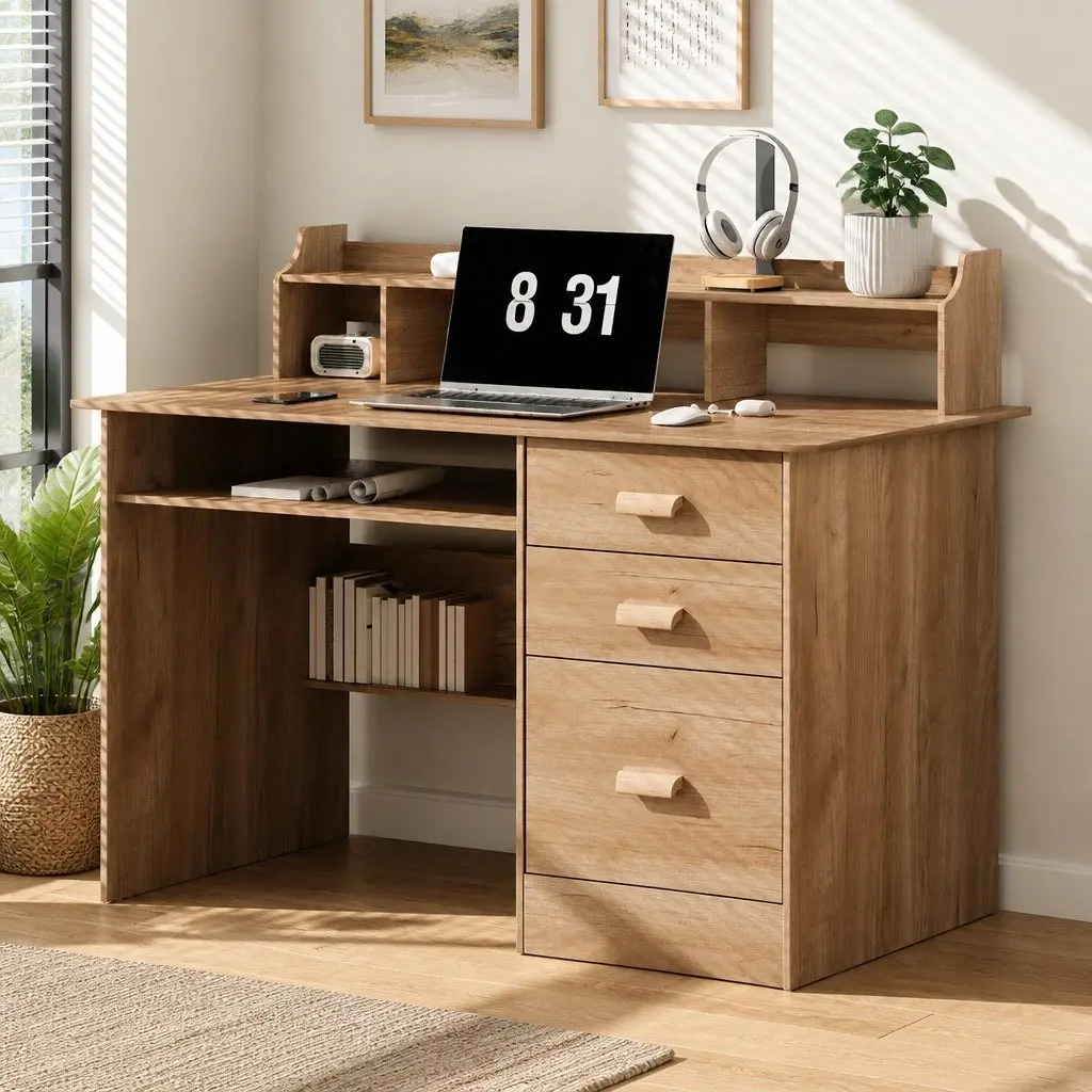 Computer Desk Office Study Table with Shelves and Drawers Pine 115 x 60 x 95cm