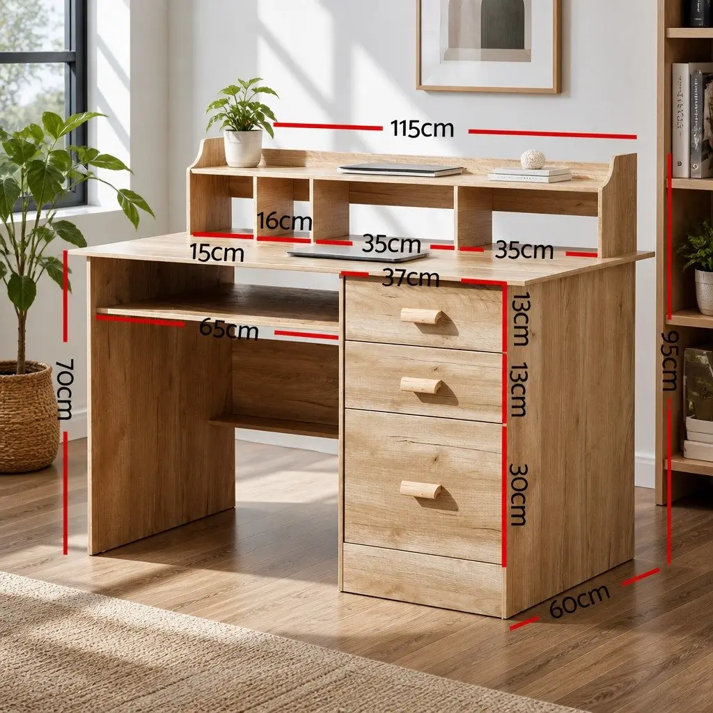 Computer Desk Office Study Table with Shelves and Drawers Pine 115 x 60 x 95cm