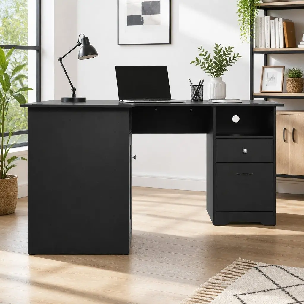 L-Shaped Computer Desk Home Office Study Corner Table Black