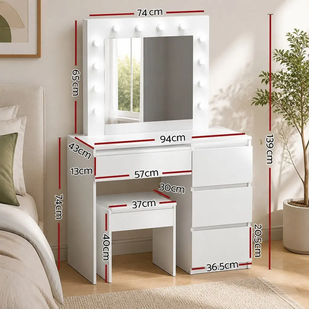 LED Dressing Table with Mirror Stool White Makeup Vanity 12 Bulbs Lights Drawers